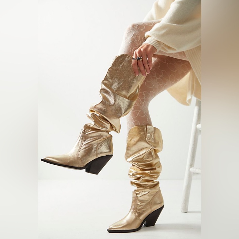 New in Box FREE PEOPLE Triple Crown Over-The-Knee Gold Boots - Picture 4 of 10